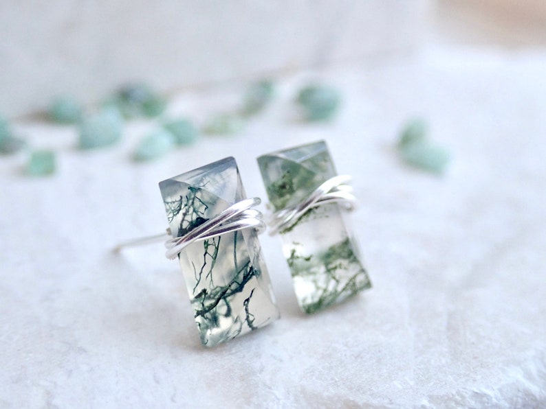 Moss Agate Gemstone Stud Earrings, Sterling Silver or Gold Filled, Minimal Bar Earring,Faceted Wire Wrapped Baguette Post,Moss Agate Jewelry image 2