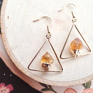 Raw Citrine Dangle Earrings Gold,Natural Gemstone Hanging Earrings, Gift for Scorpios, November Birthstone Jewelry, Triangle Earrings image 3