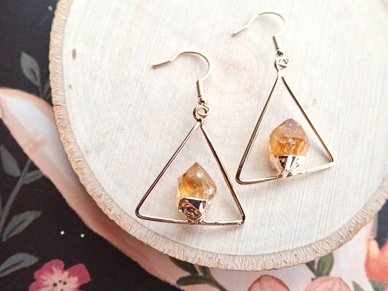 Raw Citrine Dangle Earrings Gold,Natural Gemstone Hanging Earrings, Gift for Scorpios, November Birthstone Jewelry, Triangle Earrings image 3