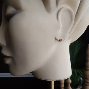 Puede incluir: Primer plano de la oreja de un maniqu&iacute; con un peque&ntilde;o pendiente redondo de piedra roja.