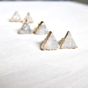 Triangle Stud Earrings, Geometric Post Earrings, Druzy Earrings, Geode Agate Jewelry, White Gray Crystal Earrings, Raw Stone Stud Earrings image 8