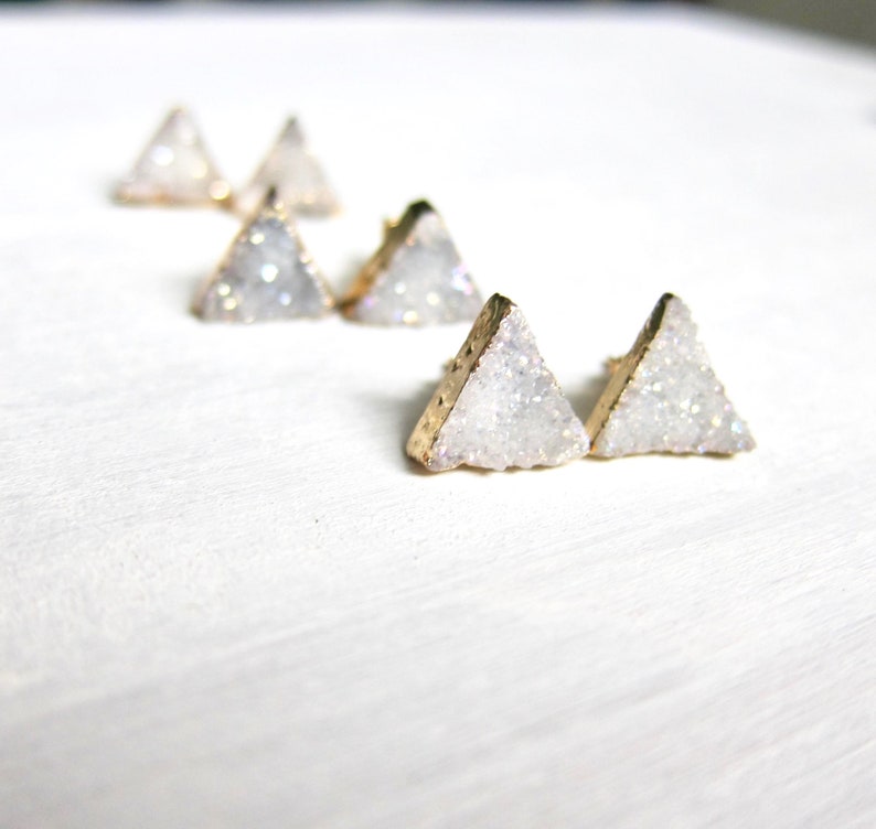 Triangle Stud Earrings, Geometric Post Earrings, Druzy Earrings, Geode Agate Jewelry, White Gray Crystal Earrings, Raw Stone Stud Earrings image 8