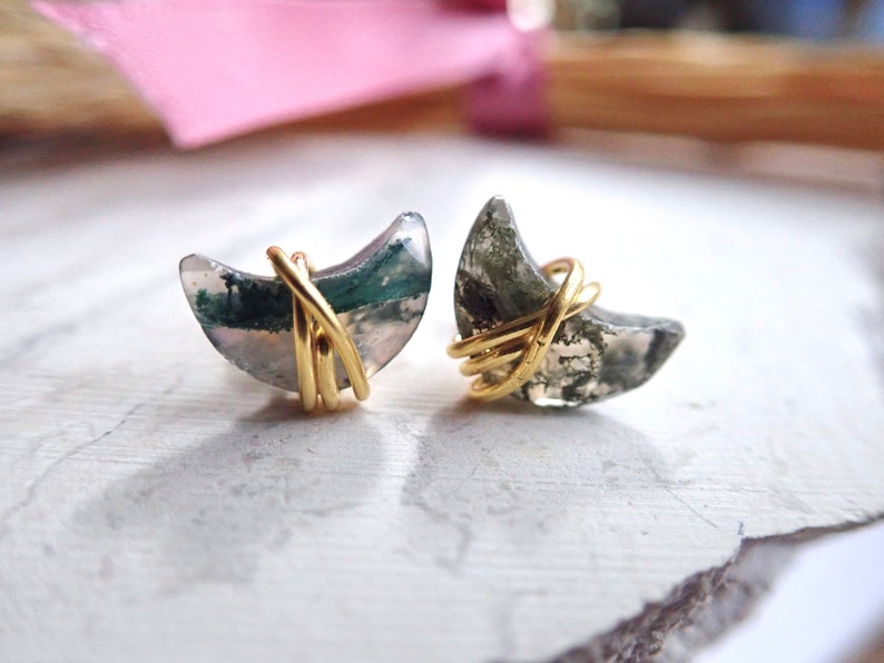 Moss Agate Stud Earrings, Moss Agate Jewelry, Crescent Moon Earrings, Wire Wrapped Gemstone Studs, Celestial Earrings, Lover Girlfriend Gift image 8