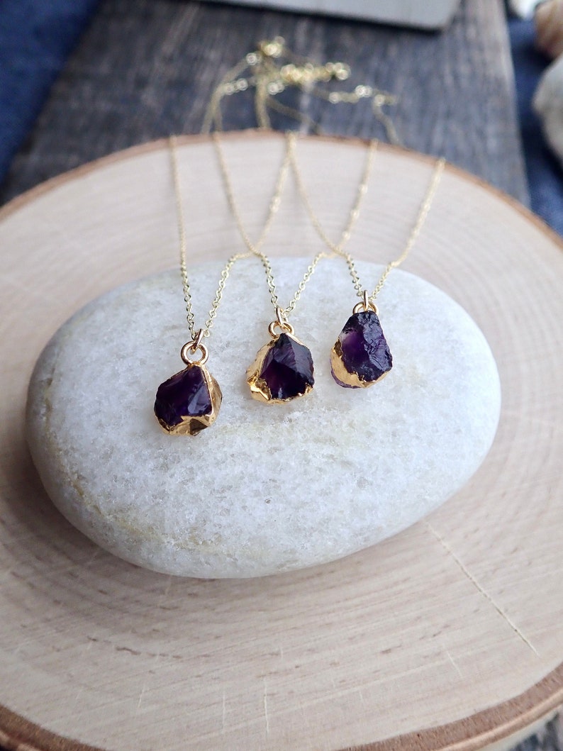 Dainty Raw Amethyst Necklace, Tiny Gemstone Pendant Necklace, Amethyst Jewelry, Gold Edge Gemstone,Gold Fill Chain Necklace,Birthstone Charm image 8