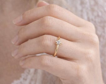 Dainty Diamond Crystal Flower Ring, April Birthstone Jewelry, Thin Delicate CZ Stacking Ring, Simple Everyday Band