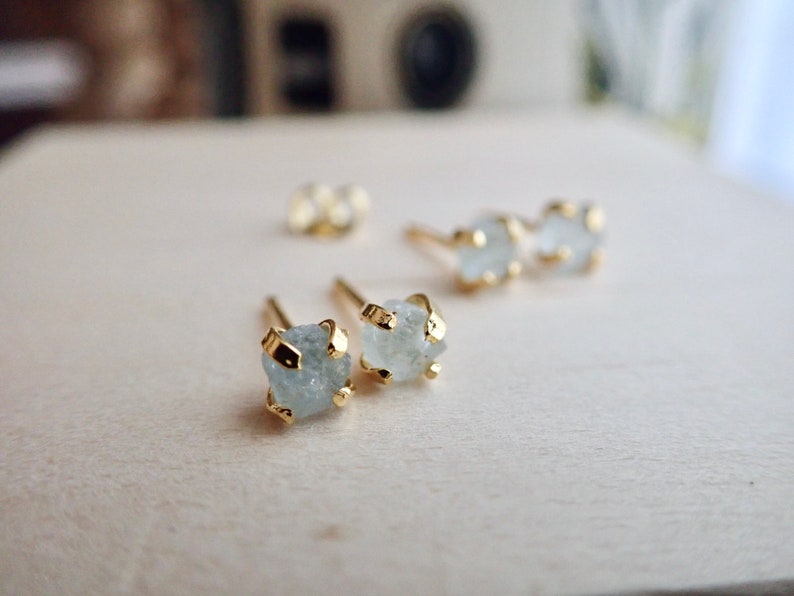 Tiny Aquamarine Birthstone Earrings, Raw Aquamarine Studs, Handmade Birthstone Jewelry, Rough Crystal Earrings, Dainty Gemstone Earrings image 7