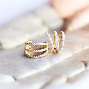 18K Gold Crystal Ear Cuff, Pavé CZ Triple Conch Ear Cuff Earrings,No Piercing Ear Cuff, Sterling Silver Cartilage Ear Wrap, Gift for Her