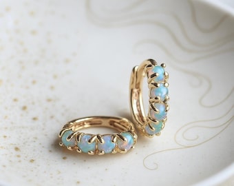 Blue Opal Huggie Hoop Earrings,Dainty Gemstone Hoops, Opal Jewelry, Small Gold Hoops, October Birthstone Gift for Her