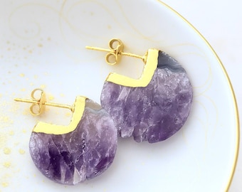 Raw Amethyst Slice Stud Earrings • Natural Purple Gemstone Earrings in Gold • February Birthstone Jewelry, Gemstone Hoops