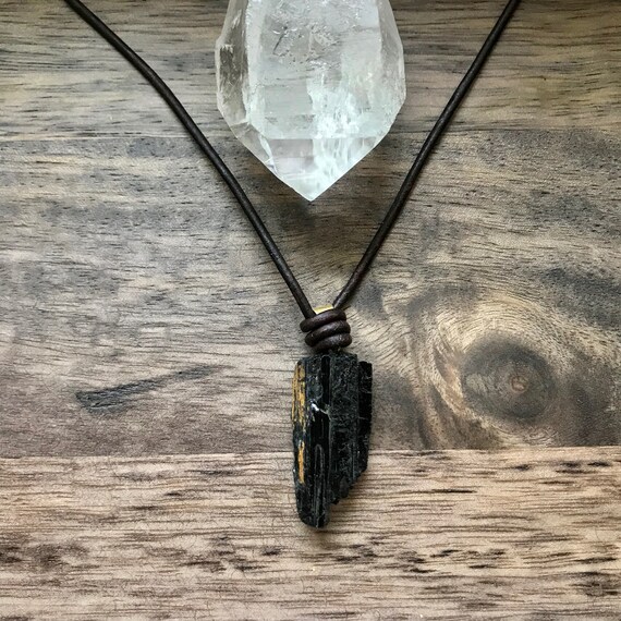 Mens Leather Necklace Mens Black Tourmaline Pendant Necklace