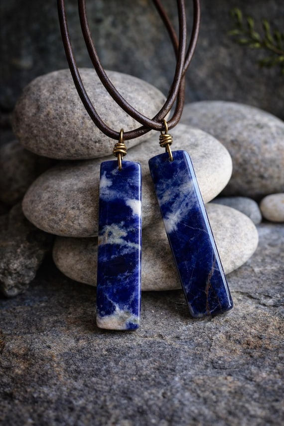 Mens Sodalite and Leather Cord Pendant Necklace, Blue Stone