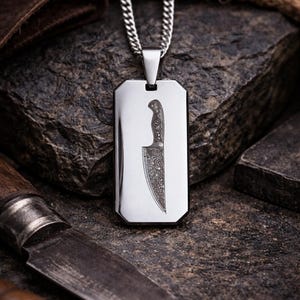 Chef Knife Necklace Stainless Steel,Silver Dog Tag Pendant, Gifts for Chefs & Cooks, Mens No Tarnish Jewelry Silver