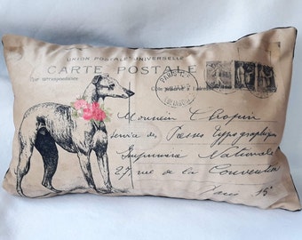 Vintage French Postcard Whippet Cushion in Luxury Velvet