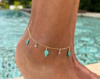 Alissa Turquoise Leaf Anklet, Shaker Style Anklet, Boho Turquoise Anklet, CZ Anklet, Boho Beach Anklet