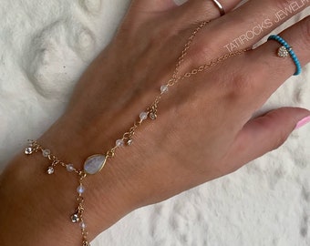 Stardust Moonstone Bracelet, Moonstone Hand Chain, Shaker Hand Chain, Festival Jewelry