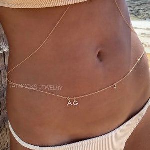 Mirror Personalized Diamond Belly Chain, Name Belly Chain, Gold Diamond Belly Chain, Real Gold Belly Chain, Shaker Belly Chain
