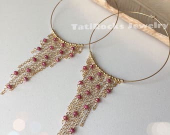 Pretty Pink Moonstone Hoop Earrings,  Fringe Hoop Earrings, Moonstone Earrings