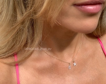 Lucky Number Necklace, Star Necklace, Diamond Number, Diamond Star Necklace. Number Necklace