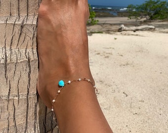 Sunkissed Turquoise Anklet, Pearl Anklet, Sleeping Beauty Turquoise Anklet, Fresh Water Pearl Anklet