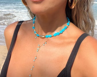 Lagoon Turquoise Beaded Necklace,  Boho Natural Turquoise Choker, Candy Necklace