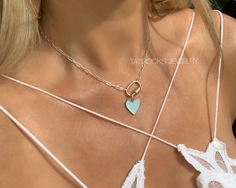 Collar de corazón de oro bebé, collar de eslabón grande, corazón de esmalte, collar de cadena gruesa, collar de corazón turquesa