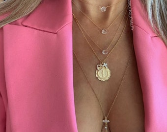 Mother Mary Necklace, Coin Necklace, Cross Necklace, CZ Cross Necklace, Gold Mary Necklace, Catholic Charm Necklace