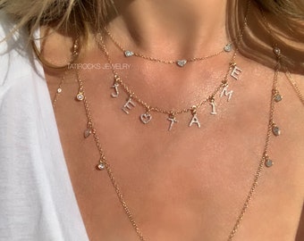 Je Taime Diamond Letter Necklace, Diamond Name Necklace, Personalized Necklace, Love Heart Necklace, Diamond Heart Neclace