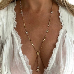 Bloom Rosary Necklace, Cross Necklace, Gold Rosary, Religious Necklace, Diamond Rosary,  Heart Lariat Necklace, Sacred Heart Rosary
