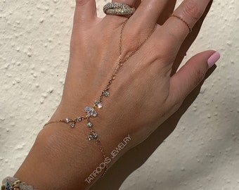 Victoria Gold Finger Bracelet, CZ Hand Chain, Gold Hand Chain, Diamond Hand Chain, Marquise Diamond Finger Bracelet
