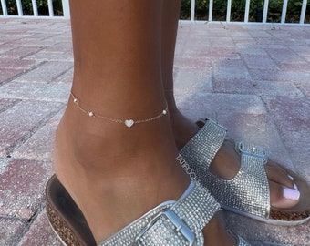 Princess Diamond Heart Anklet, Diamond Heart Anklet, Heart Anklet. Freshwater Ankle Jewelry, Valentine's Day Gift