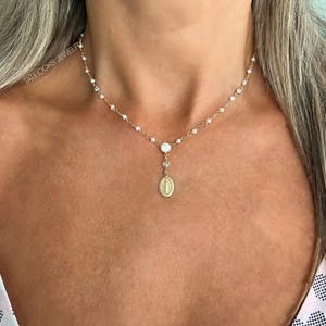 Our Lady Virgin Mary Necklace, Milagro Jewelry, Fresh Water Pearl Necklace, Gold Rosary Necklace, Religious Necklace