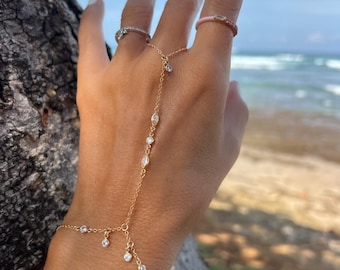 Paris Gold CZ Finger Bracelet, Gold Hand Chain, Silver CZ Finger Bracelet, Gold Slave Bracelet, Dainty Hand Chain