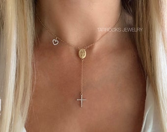 Spiritual Rosary Necklace, Diamond Cross Necklace, Real Gold Rosary, Religious Necklace, Heart Rosary, Mary Necklace