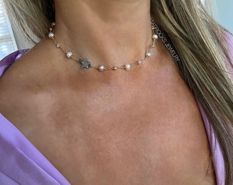 Jazz Side Star Necklace, Side Star Necklace, Diamond Star Necklace, Pearl Choker, Pearl Necklace
