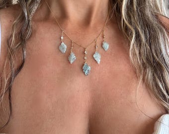 Wander Aquamarine Leaf Necklace, March Birthstone Necklace, Gemstone Necklace Jewelry, Boho Beach Necklace