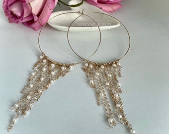 Glamour Freshwater Pearl Hoop Earrings,  Fringe Hoop Earrings, Pearl Earrings, Bridal Jewelry, Large Hoop Earrings