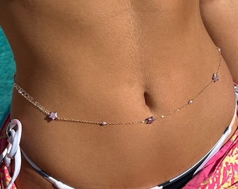 Purple Haze Freshwater Pearl Star Belly Chain, Rose Gold Belly Chain, Body Chain, Dainty Belly Chain, Boho Body Jewelry