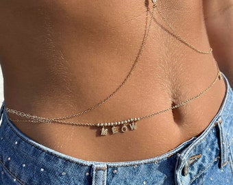 Meow Personalized Diamond Belly Chain, Diamond Body Chain, Gold Diamond Belly Chain, Real Gold Belly Chain, Shaker Belly Chain