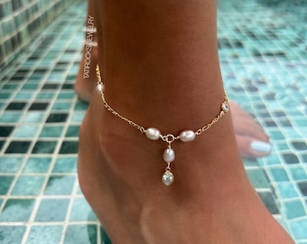 Rose Fresh Water Pearl Anklet, Pearl Anklet, CZ Anklet, Boho Bride Foot Jewelry, Ankle Jewelry