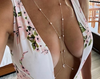 Pure Love Pearl Body Chain, Gold Body Chain, Crystal Body Chain, Body Jewelry, Freshwater Pearl Jewelry, Boho Beach Jewelry