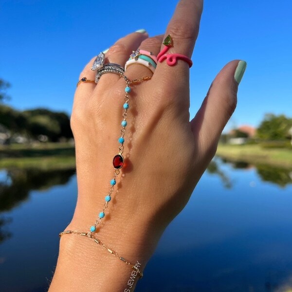 Felicity Garnet Gold Finger Bracelet, Garnet Hand Chain, Turquoise Hand Chain, Gold Garnet Finger Bracelet, Boho Hand Jewelry