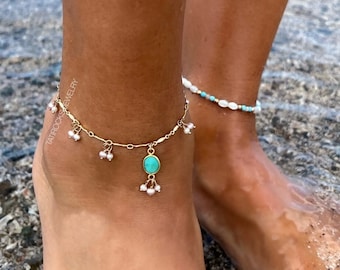 Calypso Turquoise Anklet, Gold Turquoise Anklet, Shaker Anklet, Fresh Water Pearl Anklet, Foot Jewelry, Mermaid Jewelry