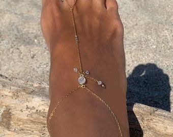Delia Moonstone Slave Anklet, Moonstone Slave Chain, CZ Anklet, Barefoot Sandal