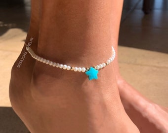 Twinkling Turquoise Star Anklet, Pearl Anklet, Sleeping Beauty Turquoise Anklet, Fresh Water Pearl Anklet, Foot Jewelry