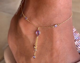 Grace Amethyst Anklet, Gold CZ Anklet, Gold Shaker Anklet, Beach Boho Anklet, Foot Jewelry, Amethyst Anklet