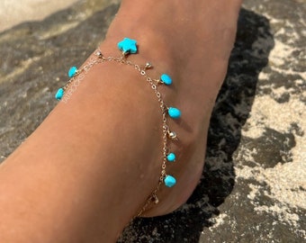 Summer Turquoise Anklet, Gold Shaker Anklet, Beach Boho Anklet, Foot Jewelry, Turquoise Anklet, Star Anklet, Sleeping Beauty Turquoise