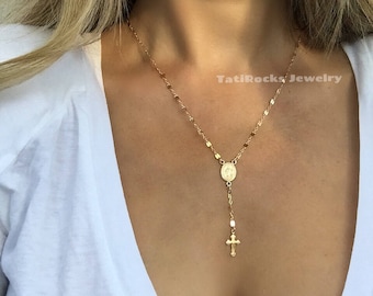 Simply Luminous Rosary Necklace, Cross Necklace, Gold Rosary, Rose Gold Rosary, Religious Necklace, Lariat Necklace