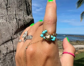 Forevermore Turquoise Ring, Moonstone Chain Ring, Stacking Ring, Gold Heart Ring