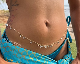 Tulum Aquamarine Star Necklace Belly Chain, March Birthstone Necklace, Gemstone Necklace Jewelry, Boho Waist Chain