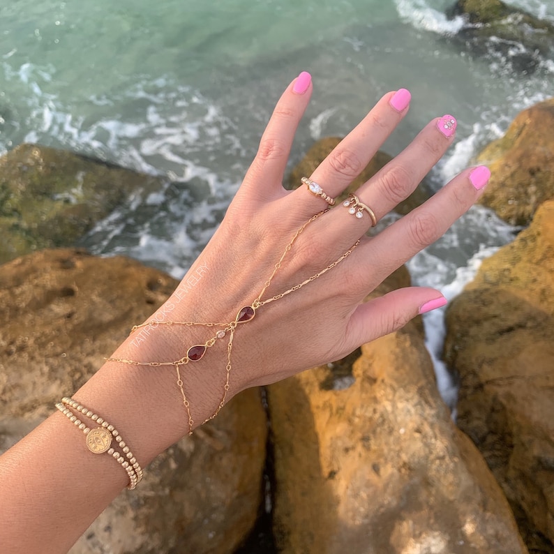 Gold Garnet Finger Bracelet Gold Hand Chain Garnet Hand Chain Marilyn Gold Finger Bracelet CZ Hand Chain